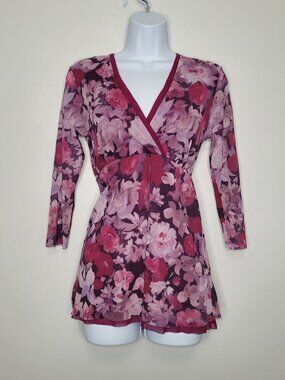 Daisy and Clover pink tones floral nylon babydoll 3/4 sleeve y2k vibe top large